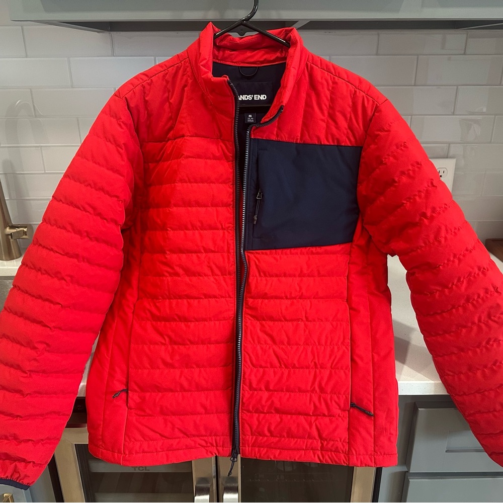 Lands' End Red Puffer Jacket with Navy Accents